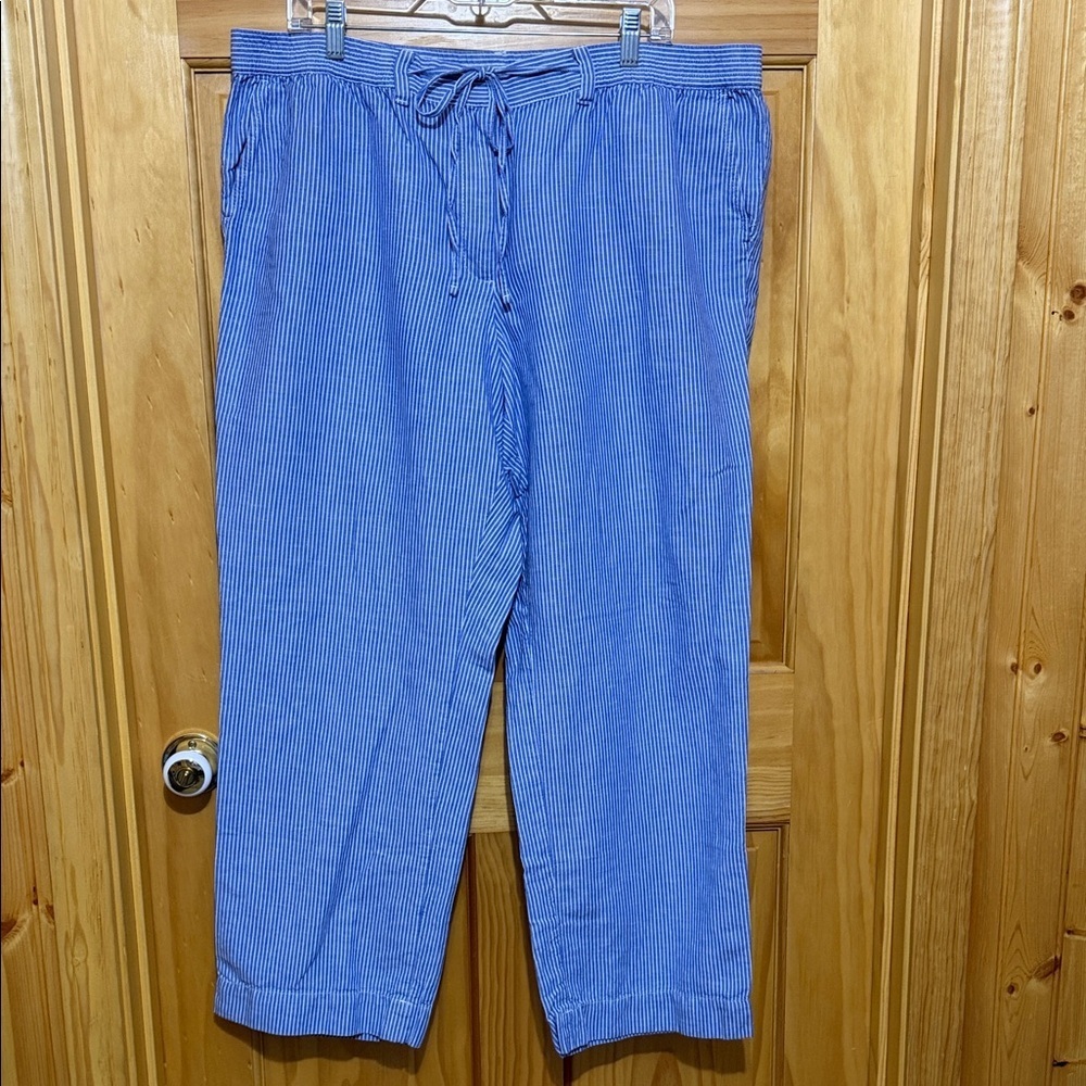 Talbots Blue & White Striped Cropped Drawstring Pull On Pants, Size 16W.